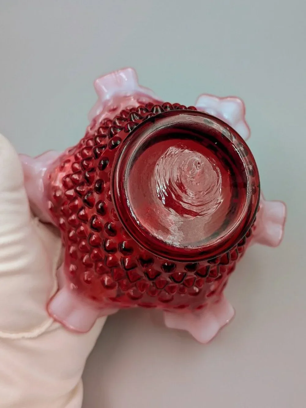 Vintage Fenton Cranberry Opalescent Hobnail Ruffled Bowl  - Midcentury Art Glass